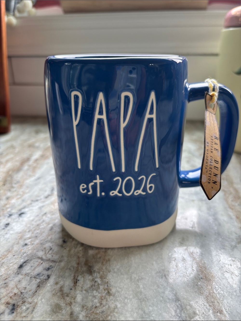 Rae Dunn Blue PAPA est. 2026 Ceramic Mug with Cream Base